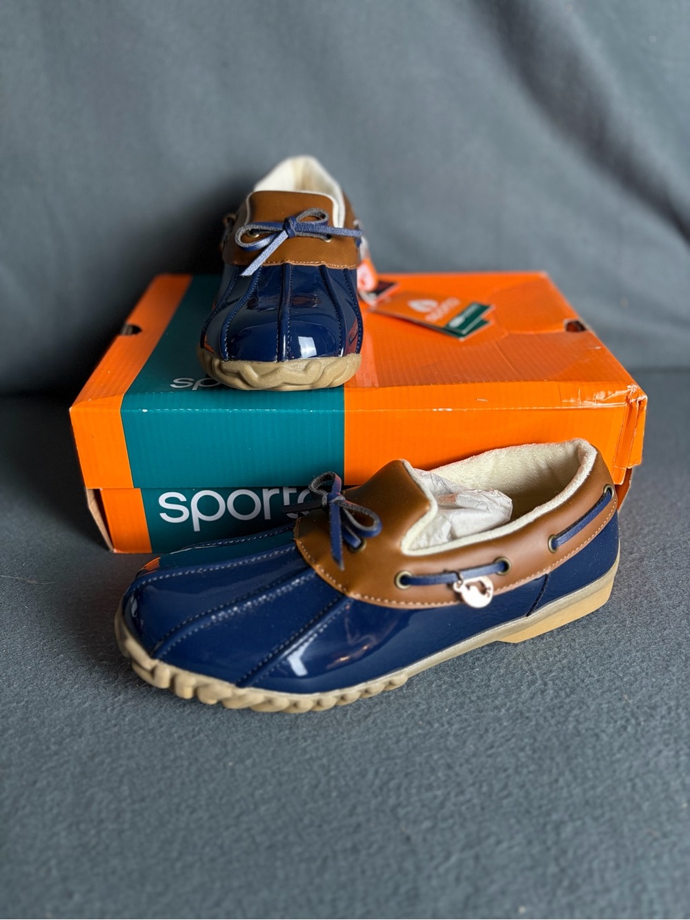 Sporto Patricia Women’s 8M Navy Tan Patent Duck Shoes Loafers NWT & Box